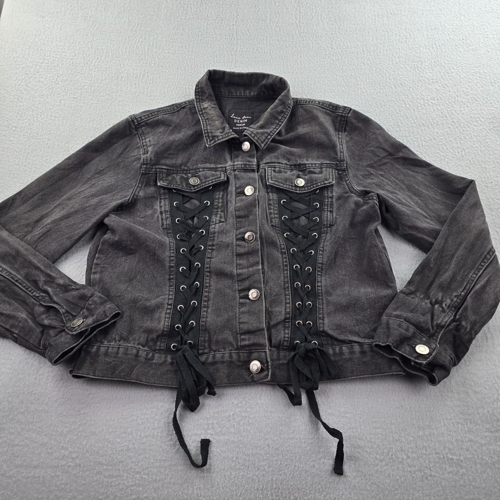 Love Tree Cropped Trucker Jacket Womens M Black Faded Denim Lace Up Flap Pockets